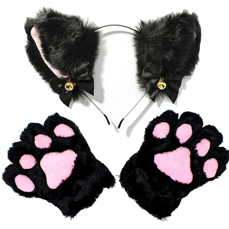 Furry Black Cat Ears Headband with Pink Paw Gloves
