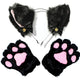Furry Black Cat Ears Headband with Pink Paw Gloves