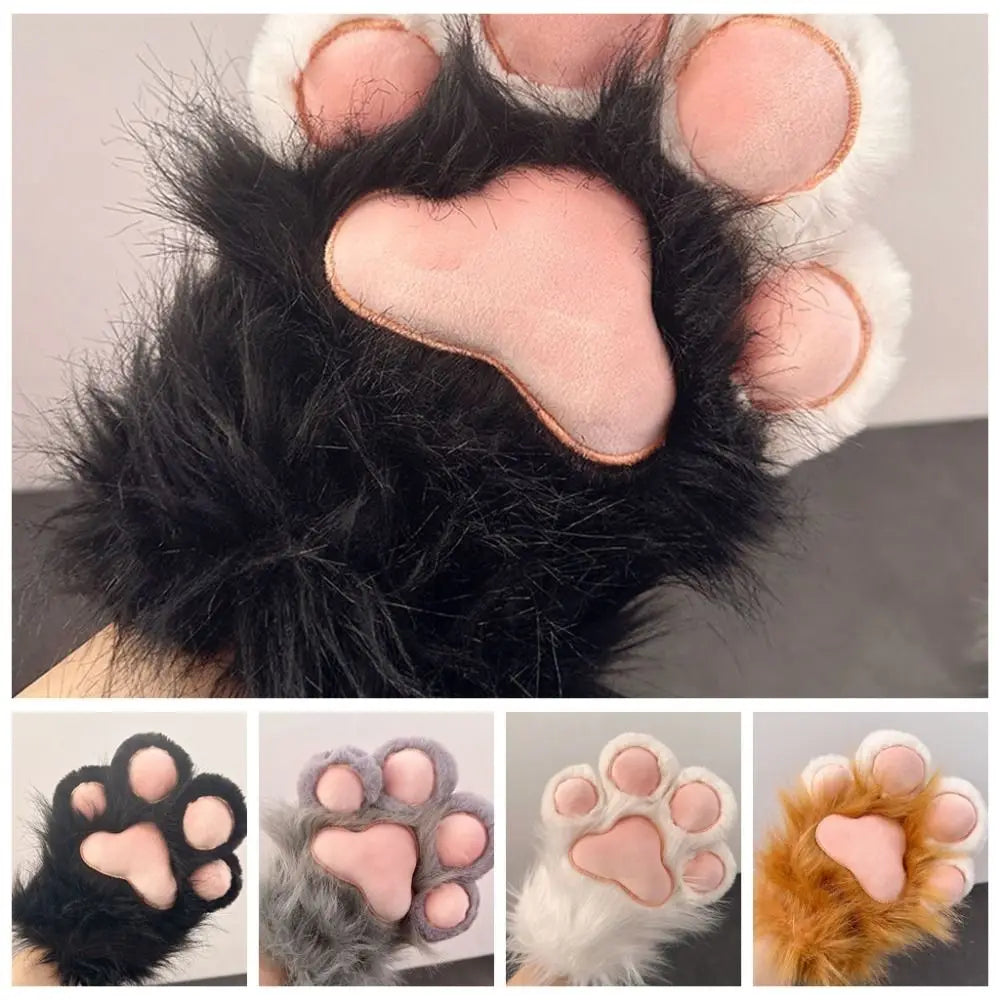 Plush Grey Faux Fur Cat Paw Mittens