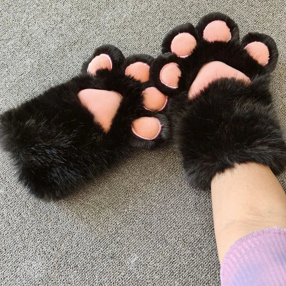 Plush Grey Faux Fur Cat Paw Mittens