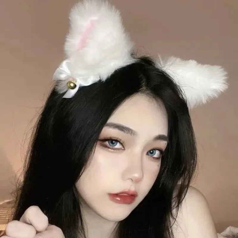 White Fluffy Cat Ears Headband with Heart Choker Set