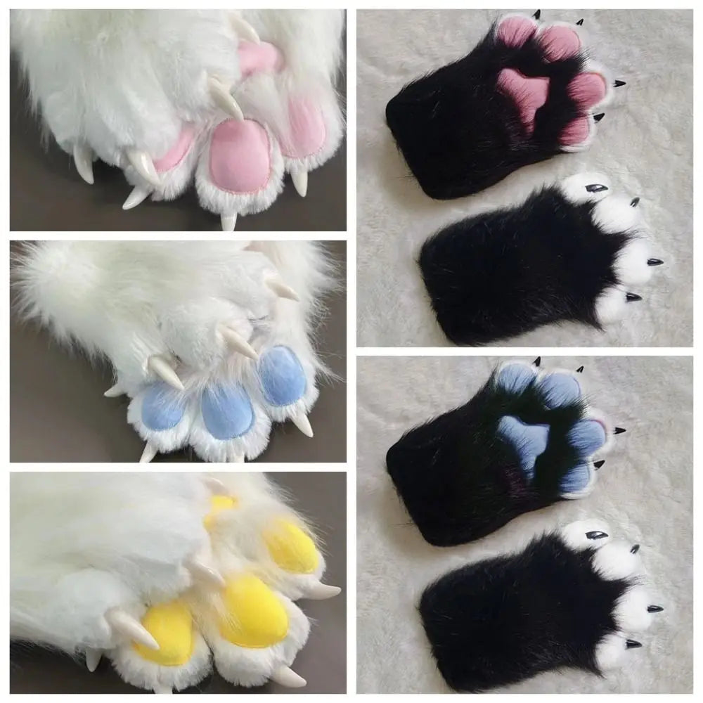 Furry White Claw Gloves with Pink Paw Pads
