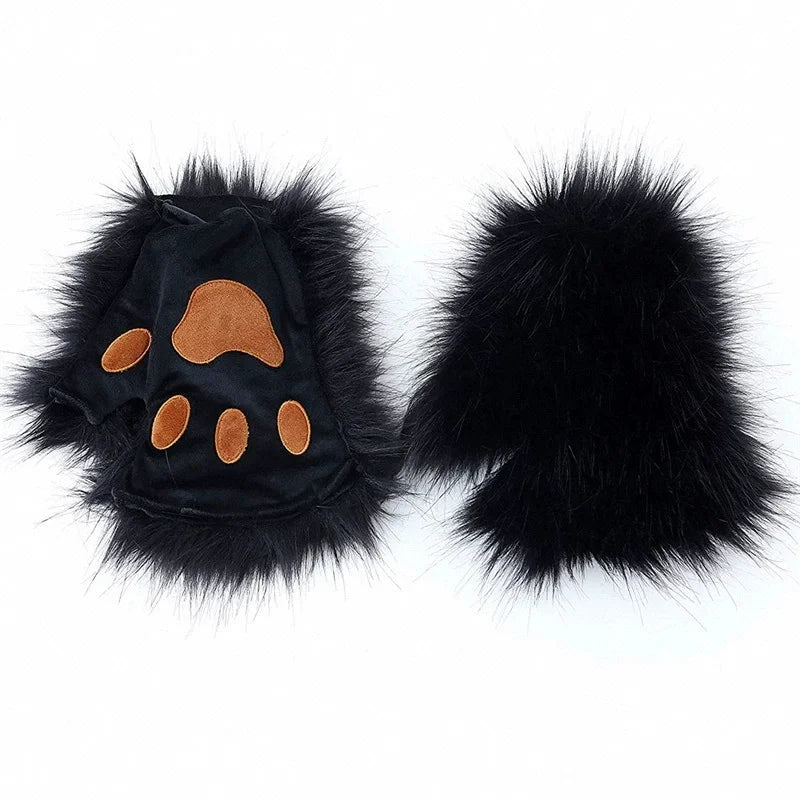 Black Faux Fur Paw Mittens with Pads