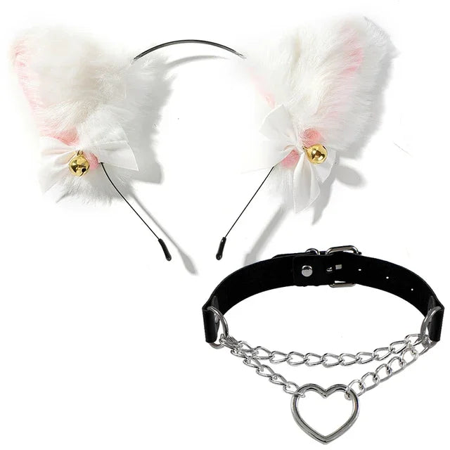 White Fluffy Cat Ears Headband with Heart Choker Set