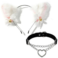 White Fluffy Cat Ears Headband with Heart Choker Set
