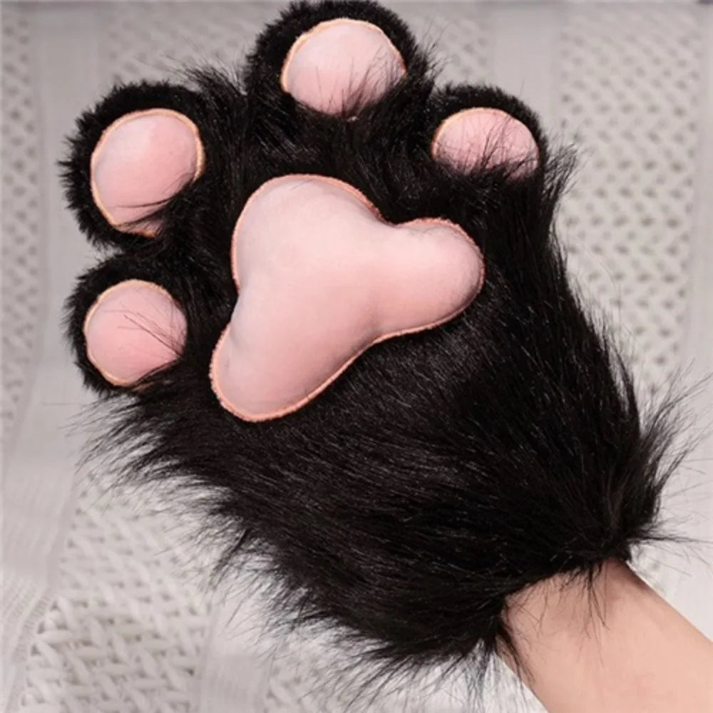 Plush Grey Faux Fur Cat Paw Mittens