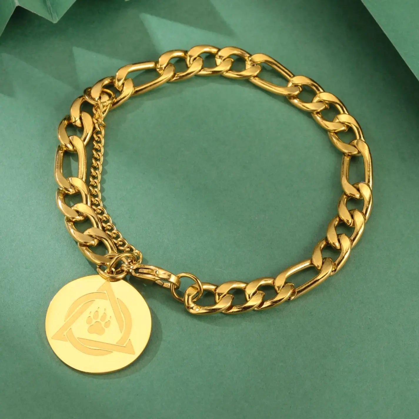 Layered Gold Figaro Chain Bracelet with Paw Print