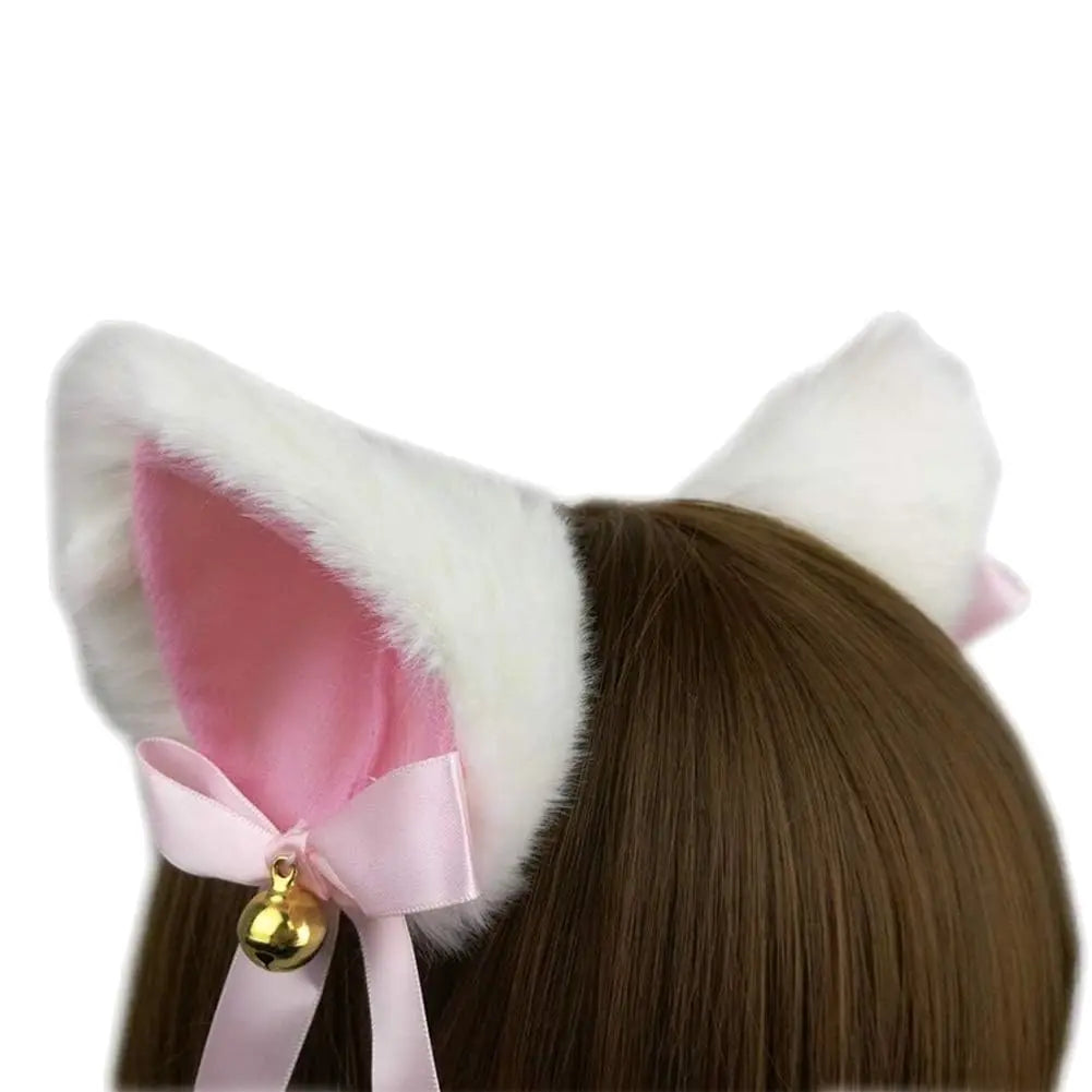 Plush Pink Cat Ears with Gold Bell & Ribbons