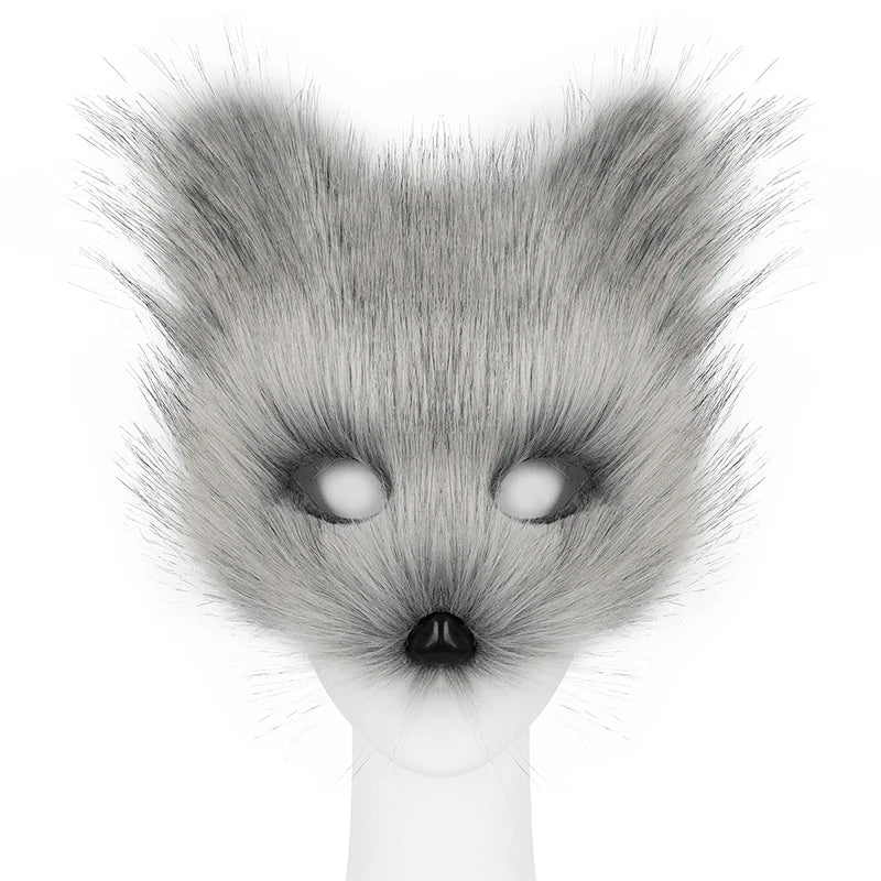 Light Grey Faux Fur Fox Mask with Black Nose