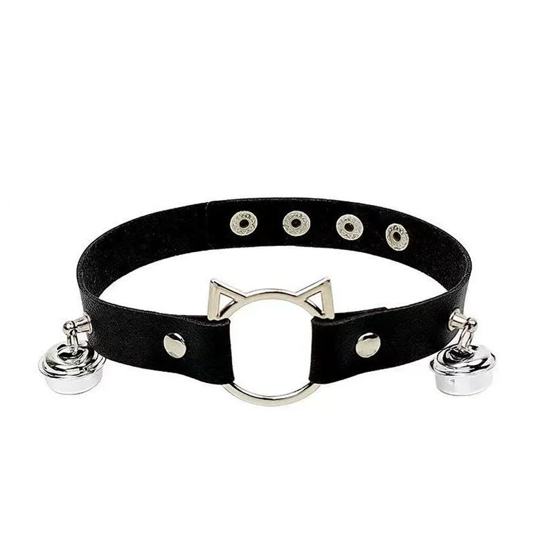 Black Faux Leather Cat Ears Choker with Bells