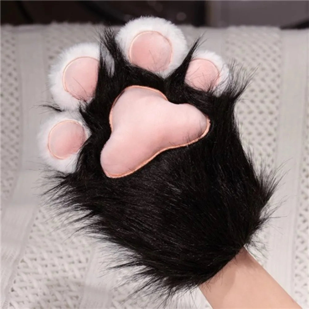 Plush Grey Faux Fur Cat Paw Mittens