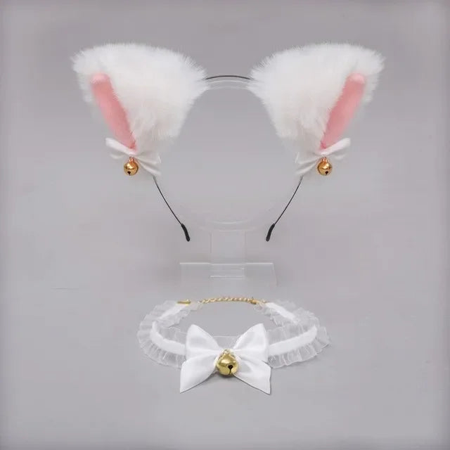 White Faux Fur Cat Ears Headband with Bells & Choker