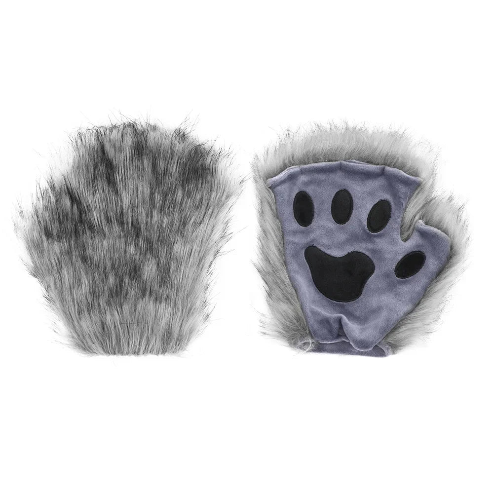 Gray Faux Fur Fingerless Animal Paw Mittens