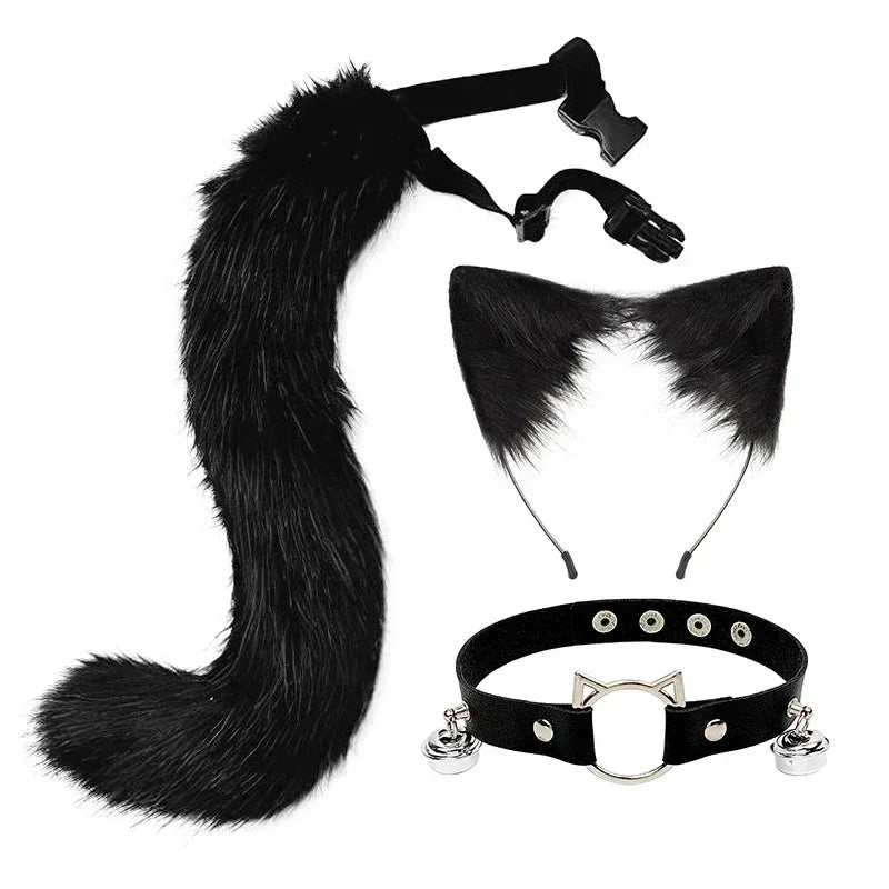 Black Faux Fur Cat Ears Tail and Choker Set