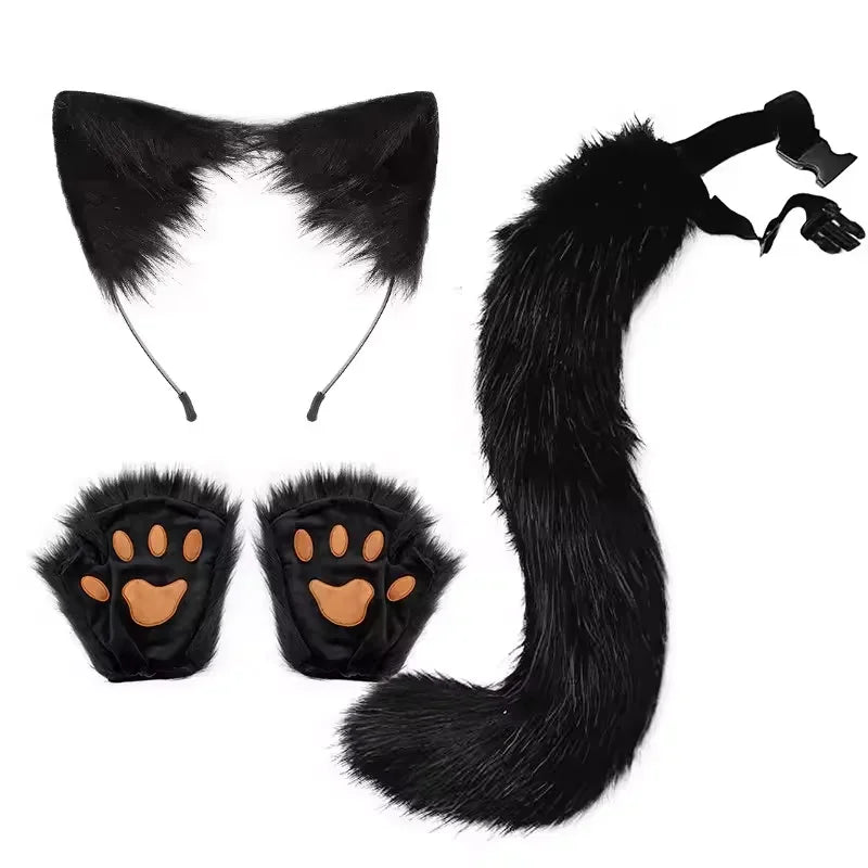 Black Faux Fur Cat Costume Kit with Ears, Tail, Paws