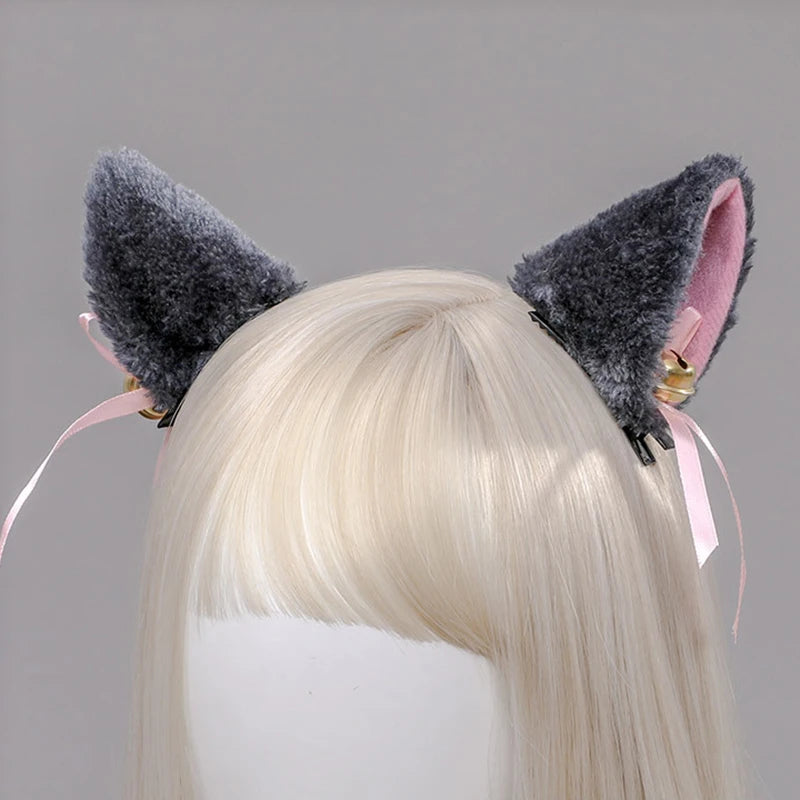 Fluffy Dark Gray Cat Ears with Pink Bows & Bells