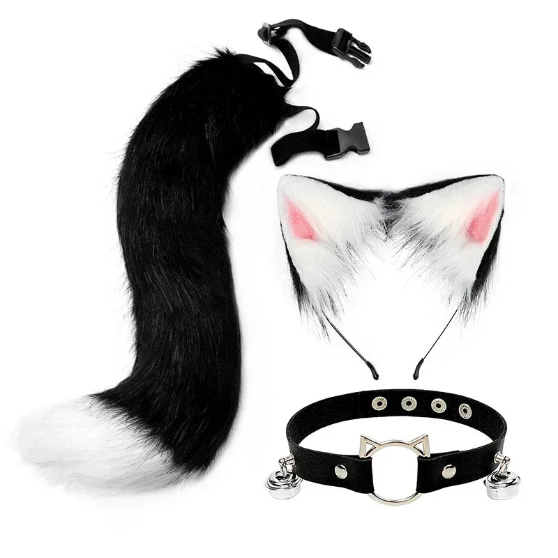 Faux Fur Black Cat Ears Tail and Choker Set