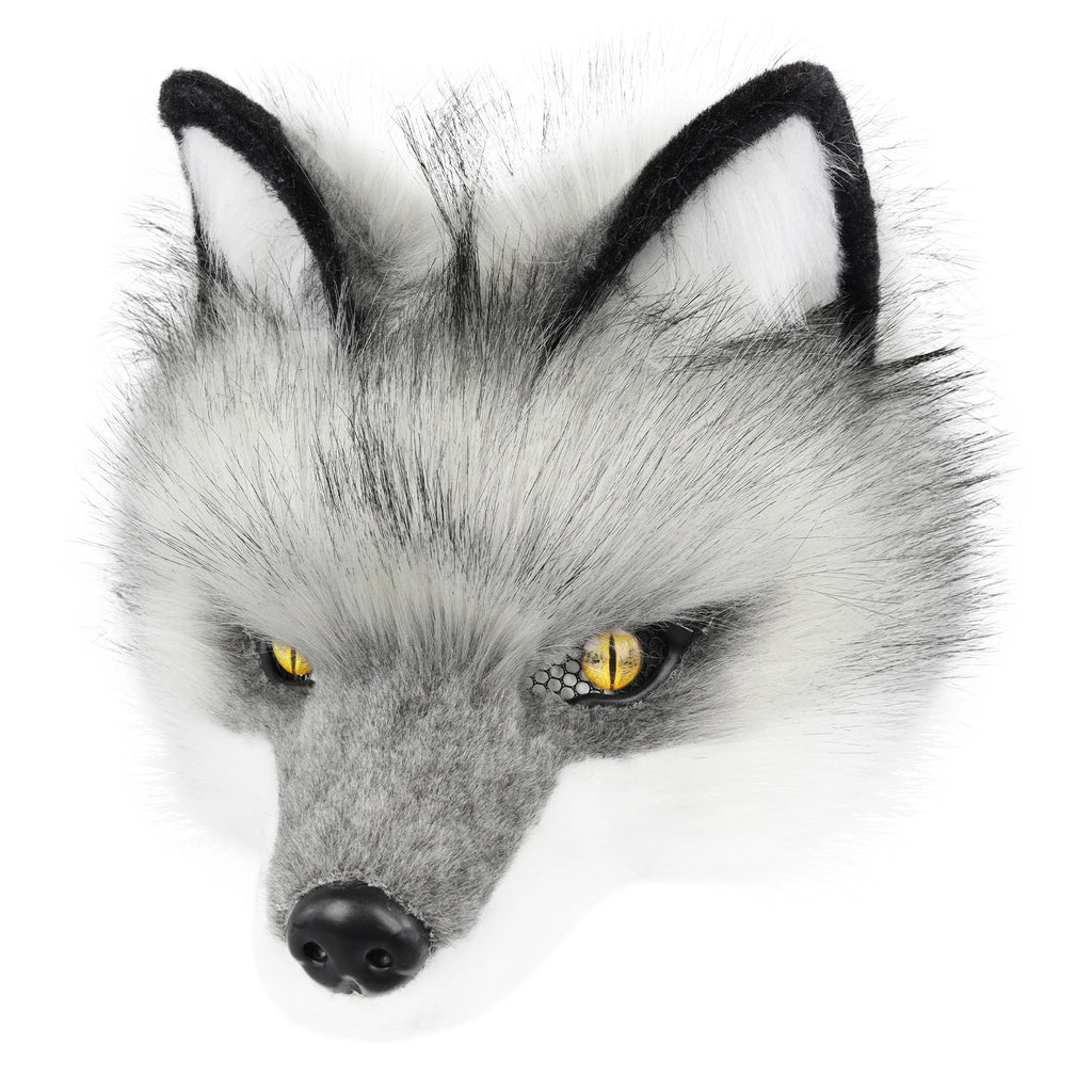 Realistic Grey Faux Fur Fox Mask