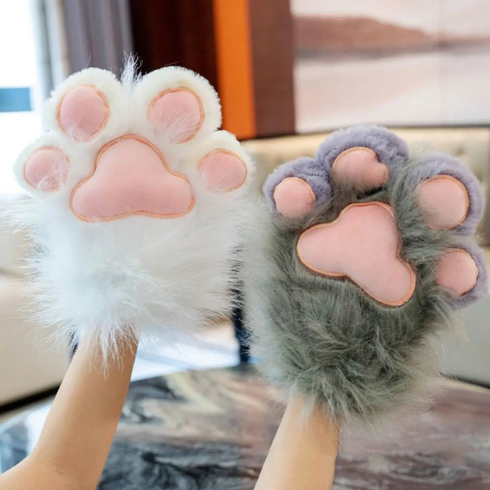 Plush Grey Faux Fur Cat Paw Mittens
