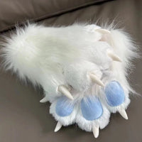 White Fluffy Clawed Paw Gloves with Blue Pads