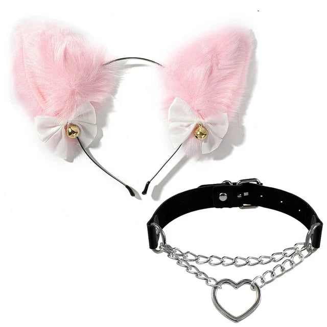 Pink Fluffy Cat Ears Headband with Black Heart Choker