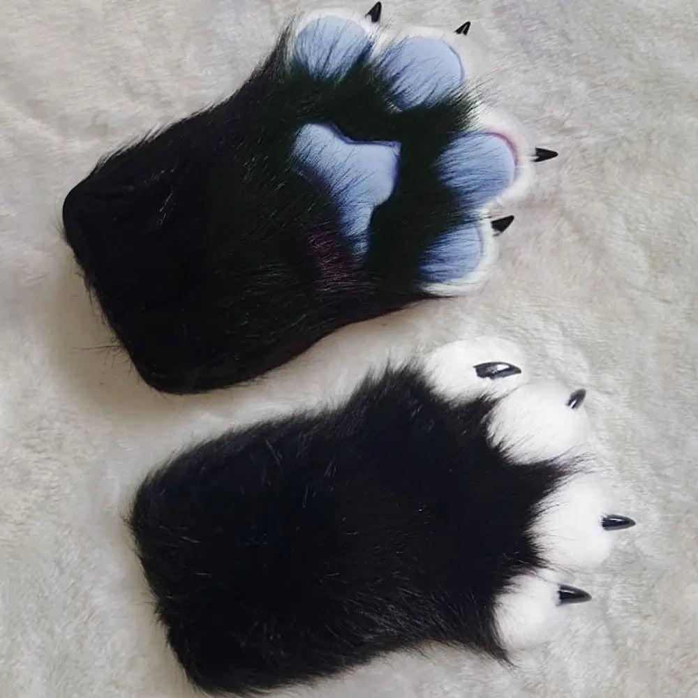 White Fluffy Clawed Paw Gloves with Blue Pads