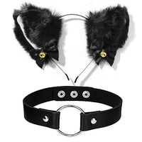 Black Faux Fur Cat Ears with Bells & Choker Set