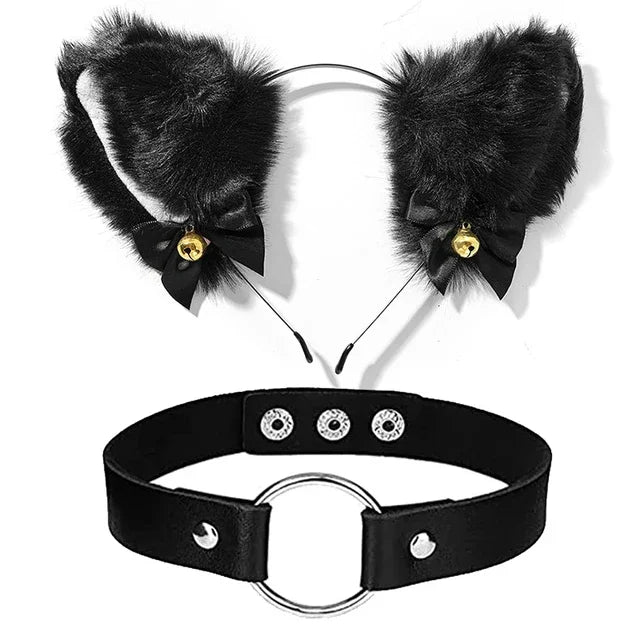 Black Faux Fur Cat Ears with Bells & Choker Set
