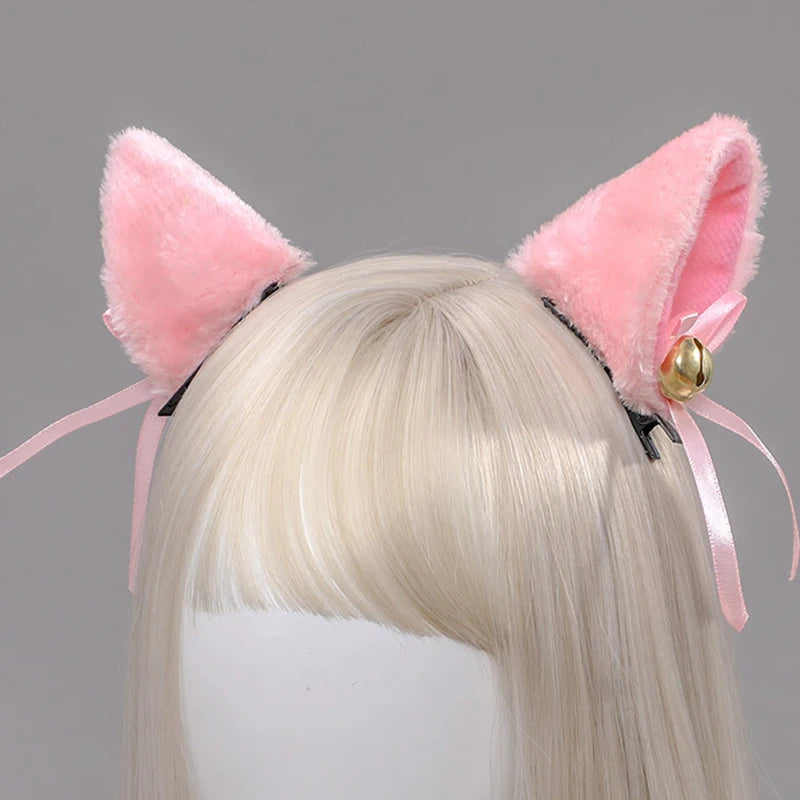 Plush Pink Cat Ears with Gold Bell & Ribbons