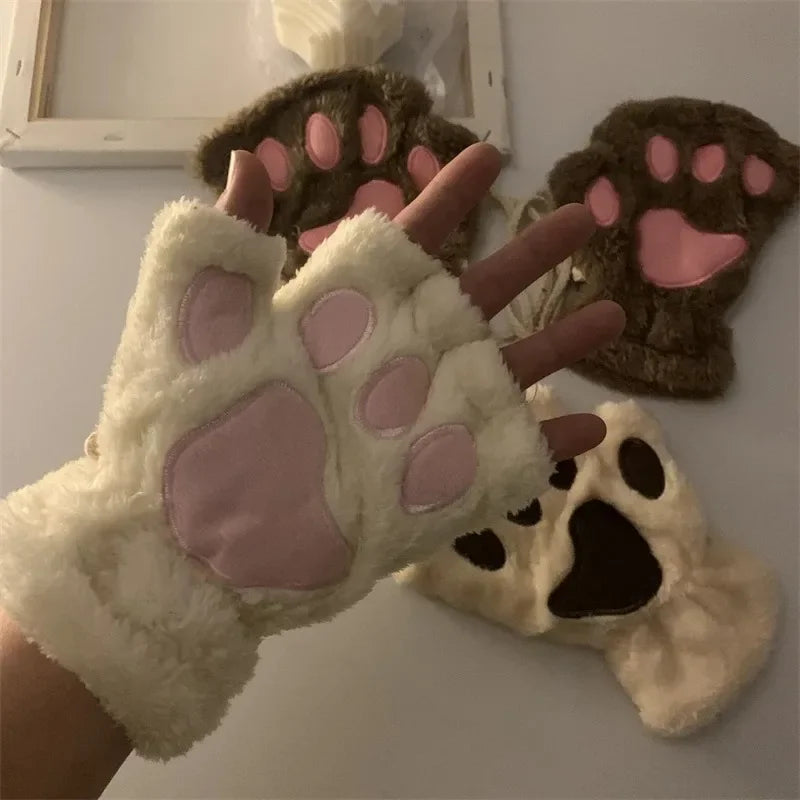 Furry Black Cat Ears Headband with Pink Paw Gloves