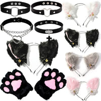 Cute Brown Cat Ear Headband & Paw Gloves Set with Bells