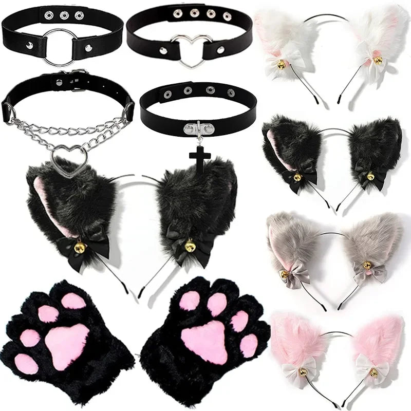 White Fluffy Cat Ears Headband with Heart Choker Set