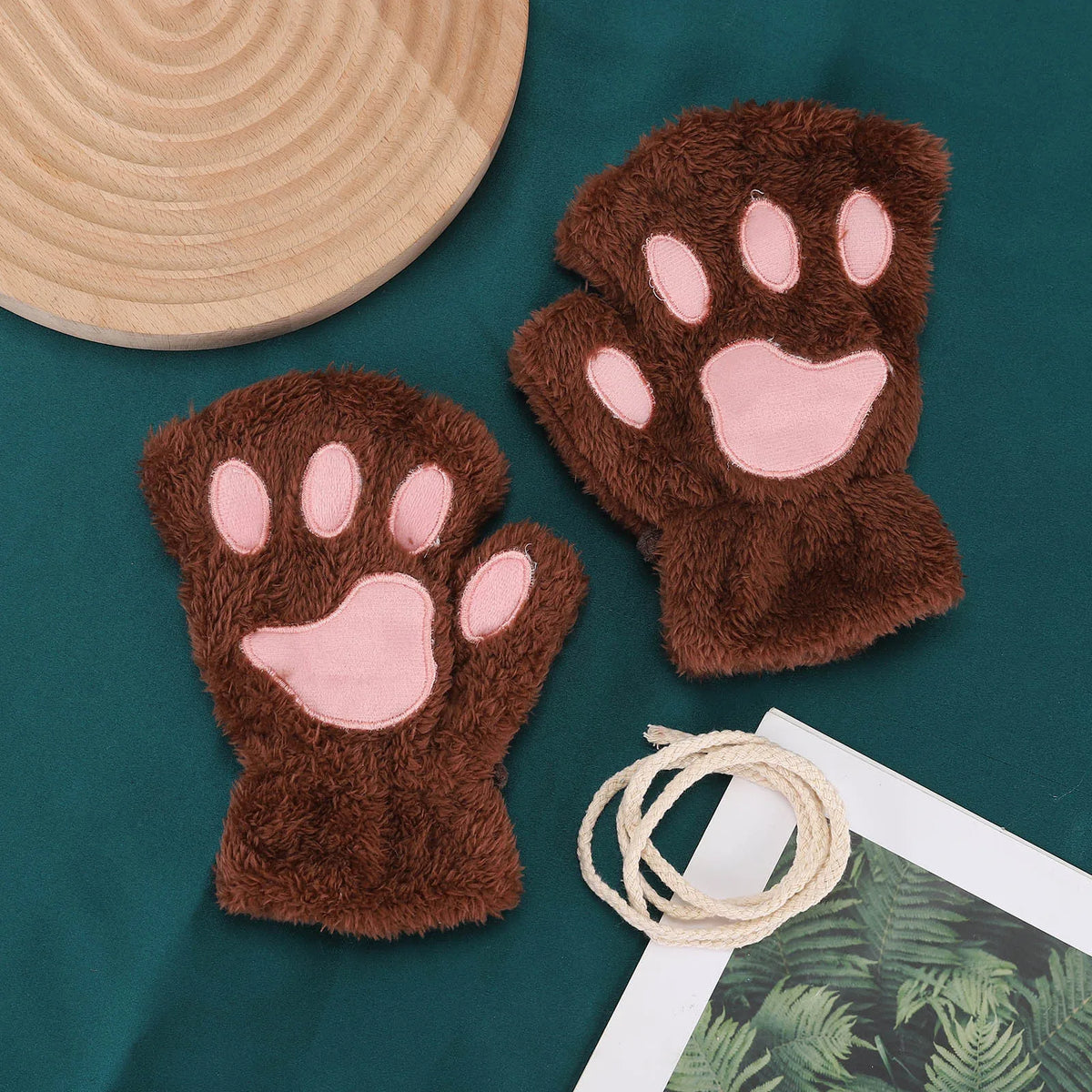 Brown Fluffy Paw Fingerless Mittens with Pink Pads
