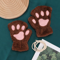 Brown Fluffy Paw Fingerless Mittens with Pink Pads