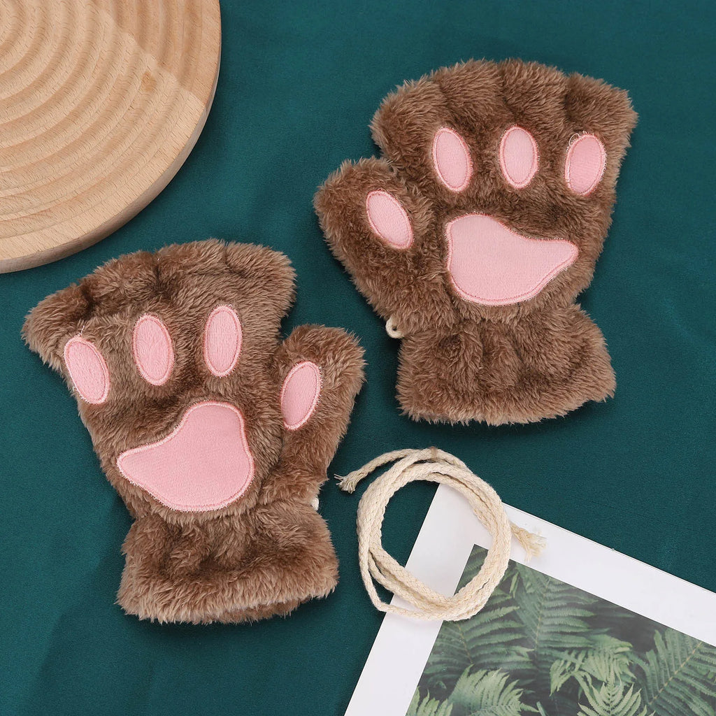 Fluffy Brown Bear Paw Fingerless Gloves