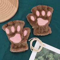 Fluffy Brown Bear Paw Fingerless Gloves