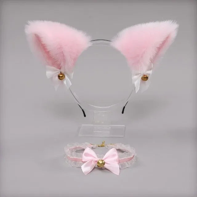 Pink Faux Fur Cat Ears Headband and Lace Choker