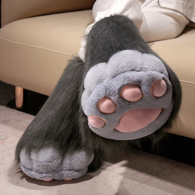 Dark Grey Plush Paw Slippers with Pink Pads