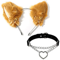 Furry Animal Ears Headband with Bells & Chain Choker Set