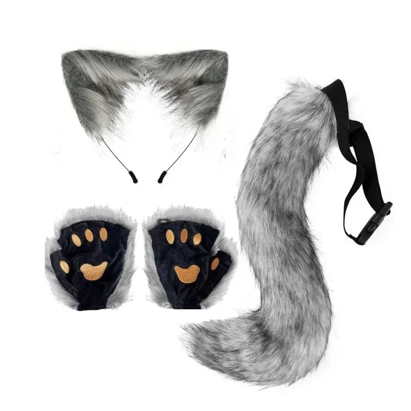 Grey Faux Fur Wolf Ears Tail Paws Set