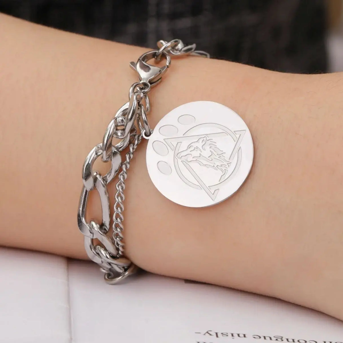 Silver Figaro Chain Bracelet with Engraved Wolf Charm
