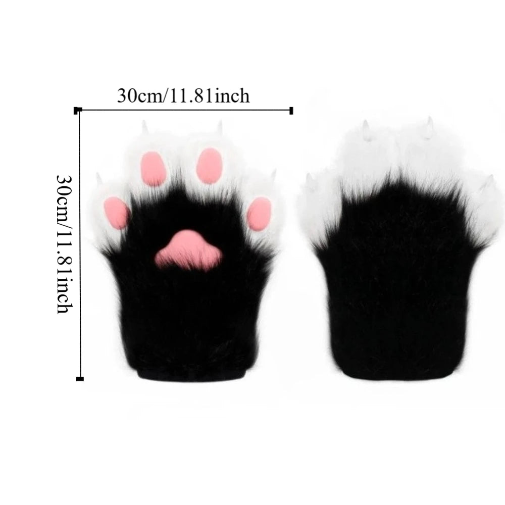 Soft White Faux Fur Paw Gloves with Yellow Pads