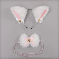 White Fluffy Cat Ears Headband with Pink Bows & Bell Tail