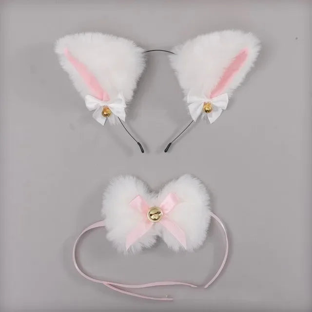 White Fluffy Cat Ears Headband with Pink Bows & Bell Tail