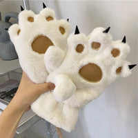 Cute Cream Plush Paw Mittens with Black Claws