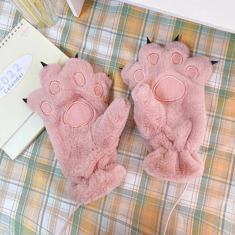 Pink Faux Fur Paw Gloves with Claws