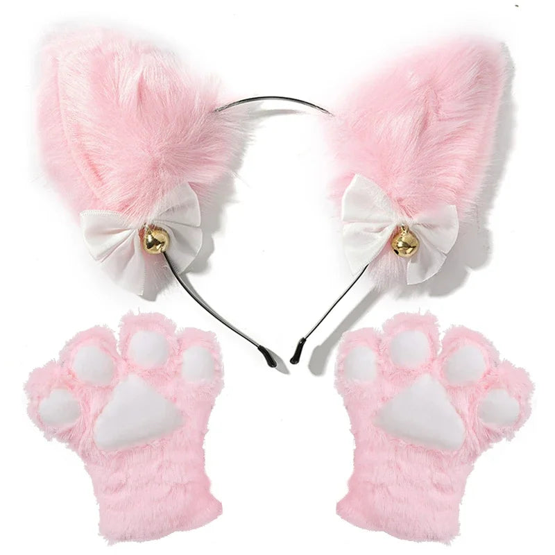 Pink Fluffy Cat Ears Headband with Bells & Paw Mittens