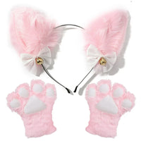 Pink Fluffy Cat Ears Headband with Bells & Paw Mittens