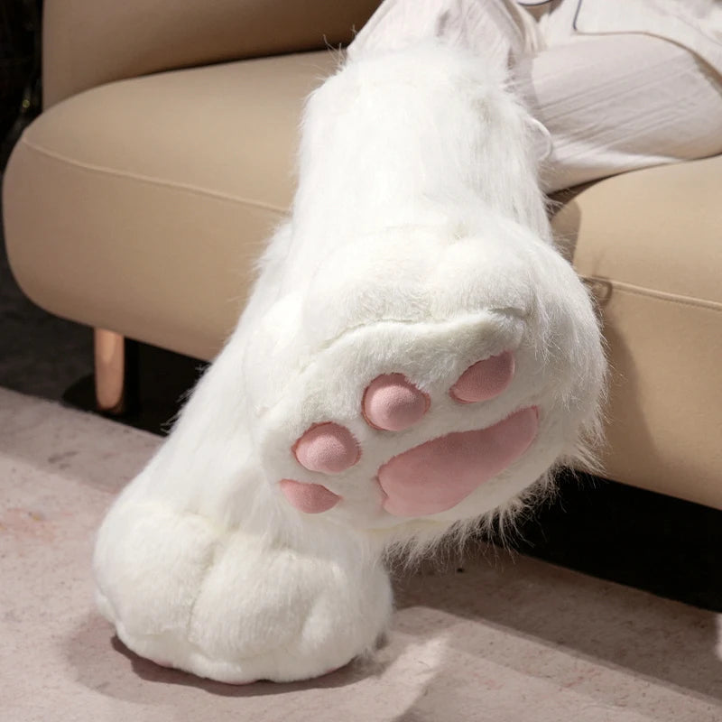White Faux Fur Paw Slipper with Pink Toe Beans