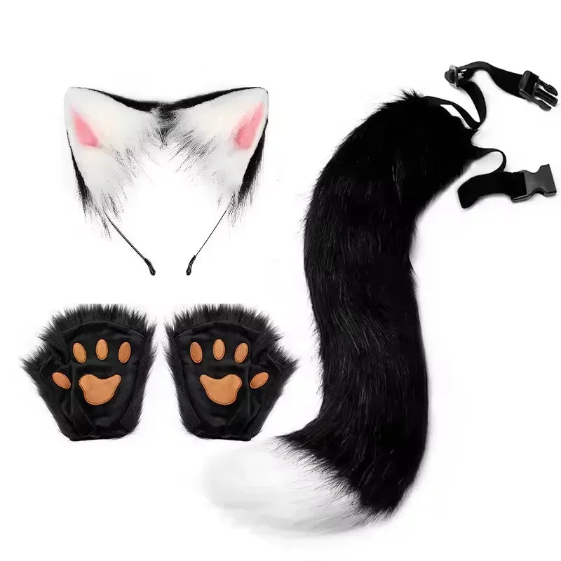 Black & White Faux Fur Cat Cosplay 3-Piece Set